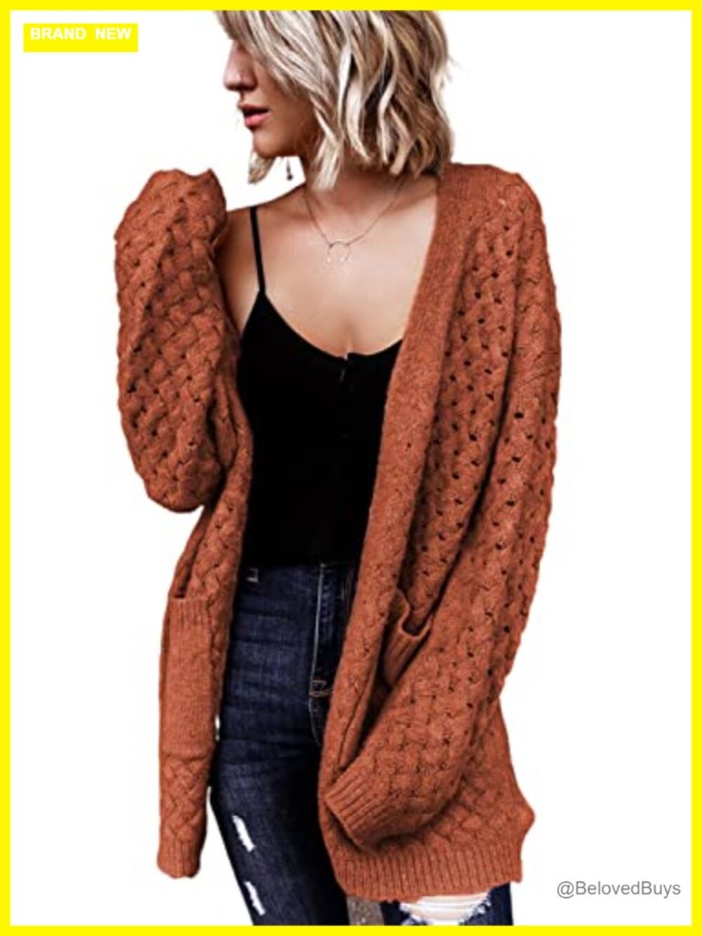 Women's Open Front Cable Knit Cardigan Sweater with Pockets